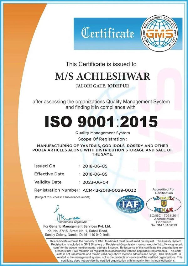 ISO 9001:2015 quality management system certificate for Achleshwar