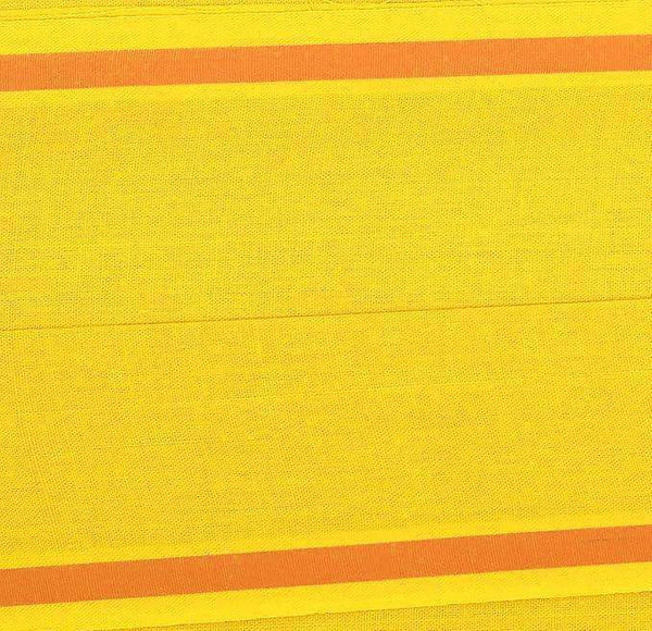 Yellow cotton fabric close-up with two thin orange stripes near top