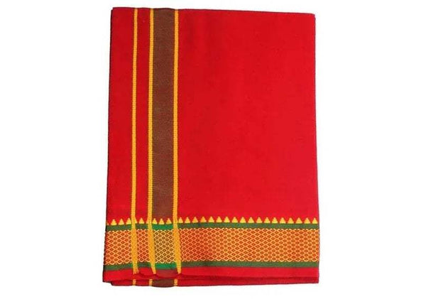 Pure cotton lungi, red fabric with dark brown vertical stripe and gold trim border