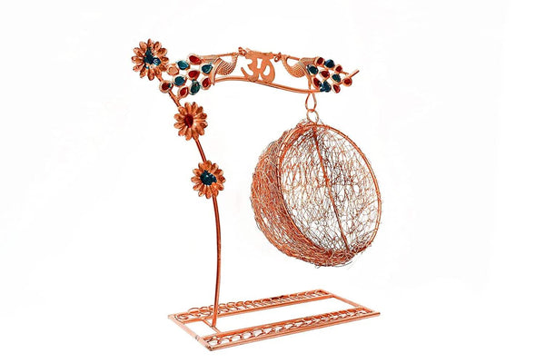 Copper wire swing stand with decorated top bar and hanging round basket