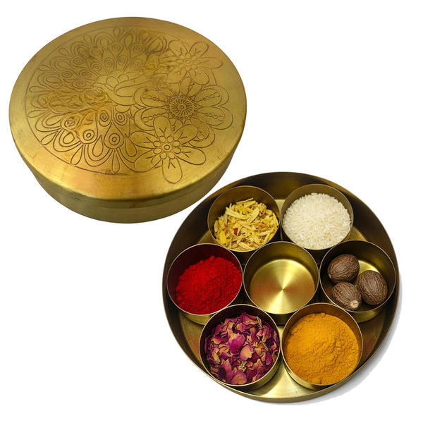 Achleshwar Brass Pooja Box | 7 Dibbi Set for Roli, Chawal, Haldi, Kumkum, Sindoor, Chandan, Turmeric | Traditional Brass Pooja Dani with Lid Holder for Festivals, Vrat & Daily Puja modified this title