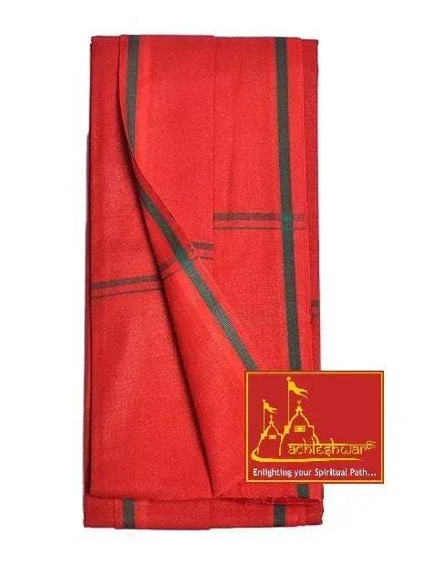 Red cotton gamcha patka with dark green border and logo tag