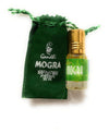 Mogra attar pouch with small green bottle, tied with green drawstring