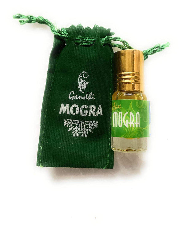 Mogra attar pouch with small green bottle, tied with green drawstring