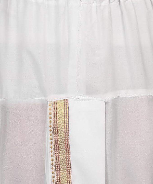 White dhoti fabric panel with vertical zari border along center seam