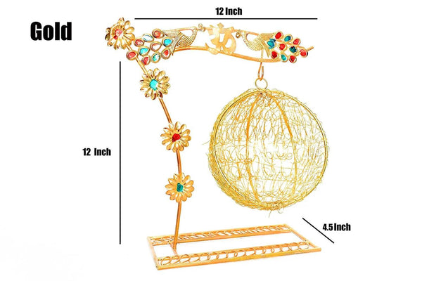Golden decorative swing for Ladoo Gopal with mesh ball cradle and flower bead details