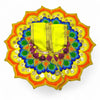 Embroidered deity poshak dress with lime green center cloth and orange-yellow floral fan