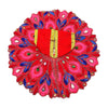 Embroidered red circular poshak with blue peacock accents and gold center stripes