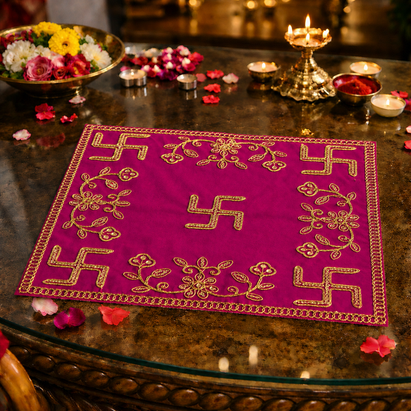 Designer Square Velvet Embroidered Pink Pooja Aasan Cloth for Mandir | Premium Altar Cover for Temple, Puja Chowki, Home Shrine & Diwali Decoration