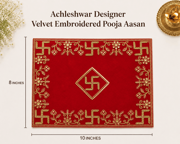 Red velvet pooja aasan cloth with gold embroidery, 10 in width and 8 in height