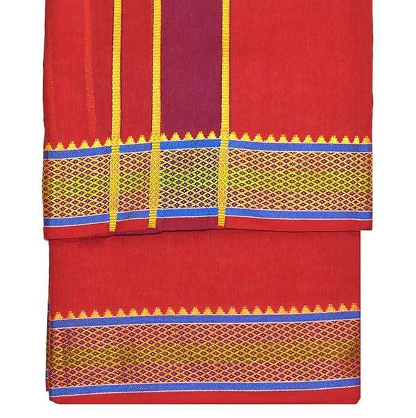 Red cotton dhoti folded view, yellow stripes, patterned panel, blue border