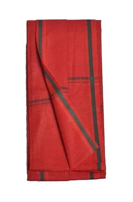 Red cotton gamcha patka with dark green border stripes, folded