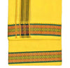 Yellow pure cotton dhoti with multicolor woven band and dark vertical stripe detail