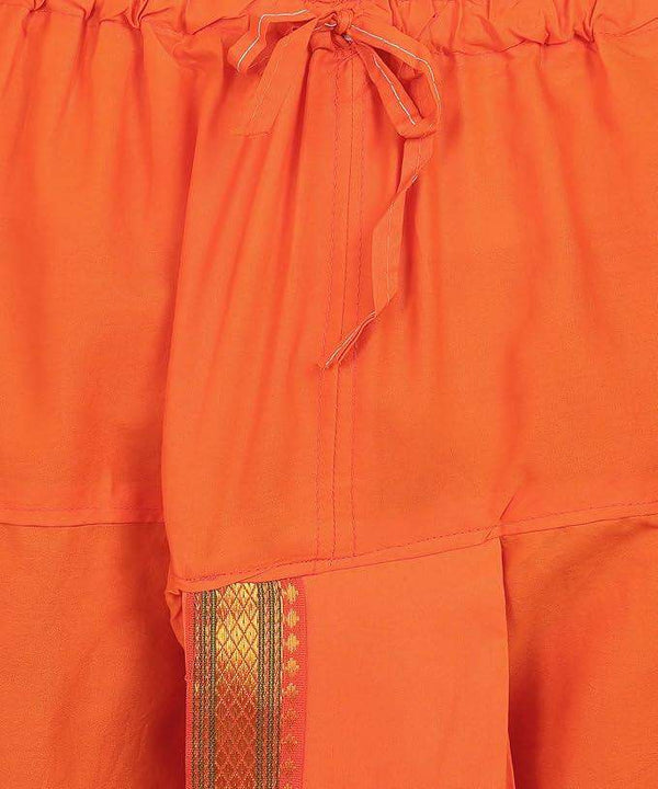 Orange cotton dhoti pocket and Zari-style border panel detail
