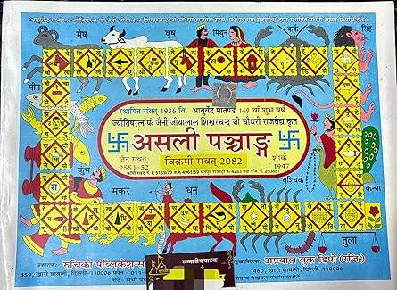 Colorful printed Panchang 2025 calendar poster with decorative motifs and Hindi text