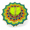 Embroidered deity poshak dress with lime green center cloth and teal-blue floral fan
