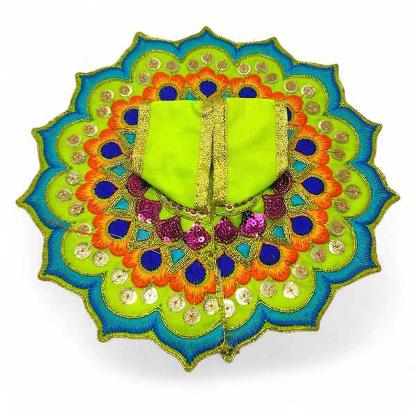 Embroidered deity poshak dress with lime green center cloth and teal-blue floral fan