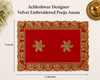 Red velvet pooja asan cloth with gold embroidery border and two central cross motifs
