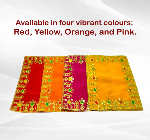 Orange velvet pooja aasan cloth with gold floral embroidery and multicolor panels