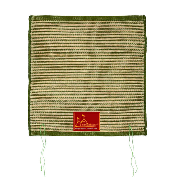 Wool pooja asan mat, green with white stripes and red logo patch
