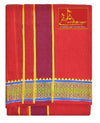 Red cotton dhoti with vertical yellow stripes and patterned blue border panel