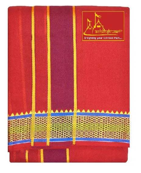 Red cotton dhoti with vertical yellow stripes and patterned blue border panel