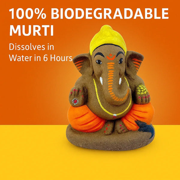 Cow Dung Ganesha Idol – Eco-Friendly Gobar Ganpati for Home, Office, Car, Shop & Factory | 100% Biodegradable Murti (Dissolves in Water in 6 Hours) 11 x 9 x 6 cm - Achleshwar