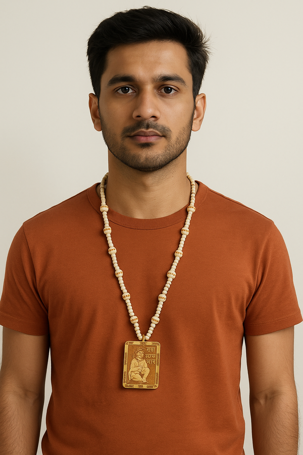 Achleshwar Hanuman Ji Tulsi Kanthi Mala with Locket | Spiritual Japa Mala with Sri Sita Ram Carved Beads | Bageshwar Dham Inspired Bajrang Bali Wood Chain for Men & Women