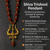 Close-up of Rudraksha bead necklace with gold trishool pendant and dangling bead charm.