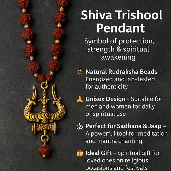 Shiva Trishool Rudraksha Necklace for Men & Women | Spiritual Protection Pendant with Natural Rudraksha Beads - Achleshwar