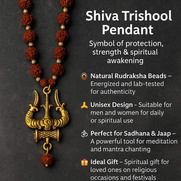 Close-up of Rudraksha bead necklace with gold trishool pendant and dangling bead charm.