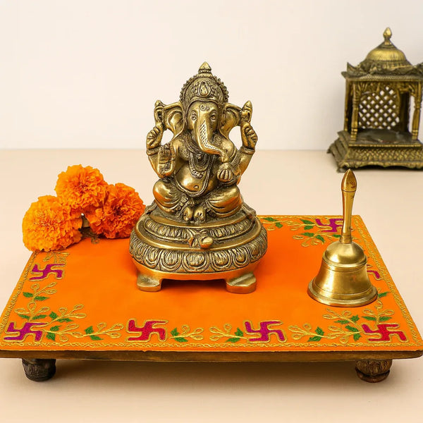 Designer Orange Velvet Embroidered Pooja Aasan Cloth - Achleshwar