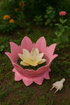 Pink lotus water fountain with pale white center flower, base, power plug and cord