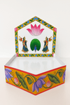 Decorative fiber boat base with lotus arch and peacock center on top