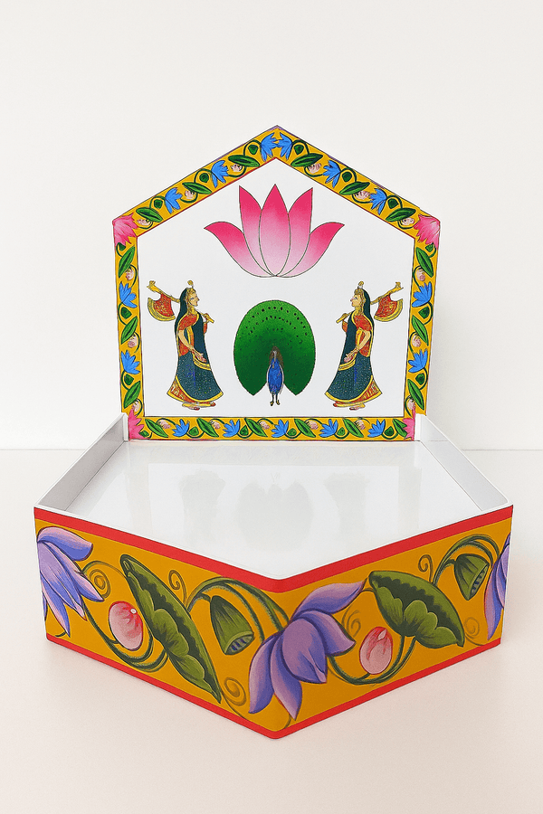 Decorative fiber boat base with lotus arch and peacock center on top