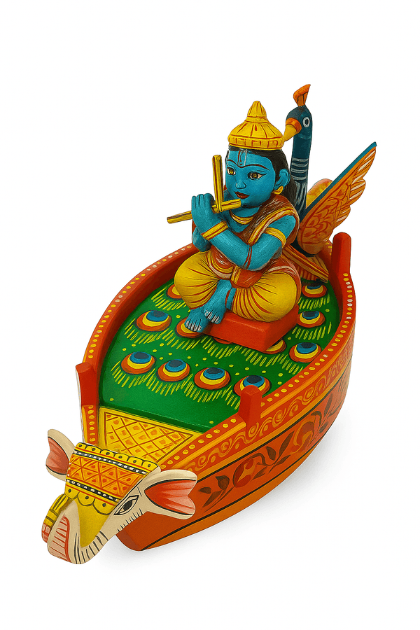 Decorative wooden Krishna shringar boat with peacock motif, green and orange painted details