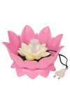 Pink lotus flower water fountain with pale center blossom and jar, power plug cable