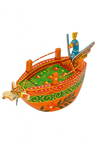 Colorful painted wooden boat with blue bird figures, orange hull, green and red patterns