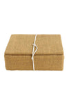 Burlap idol storage box with white tie closure, tan fabric, square padded form