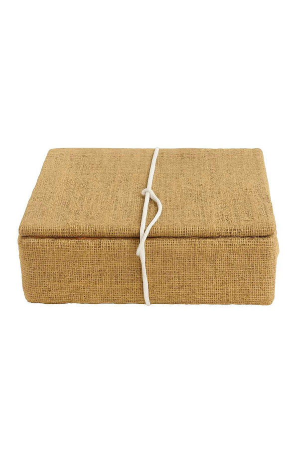 Burlap idol storage box with white tie closure, tan fabric, square padded form