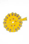 Yellow satin deity dress set: jeweled circular bodice with center opening and sash panel