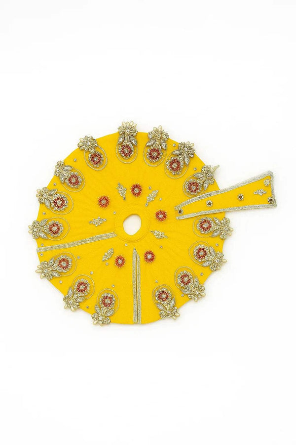 Yellow satin deity dress set: jeweled circular bodice with center opening and sash panel