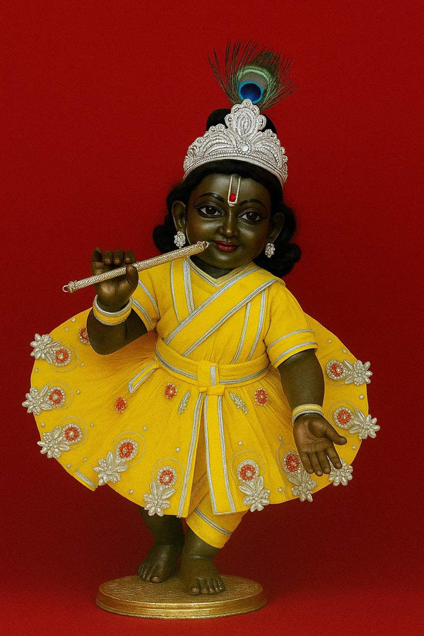 Yellow satin deity dress with gold trim and white striped sash, posed on small figure