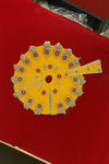 Yellow satin deity dress set: embellished circular bodice with attached sash panel