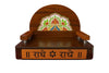 Wooden devotional throne with arched backrest and colorful center artwork on front base