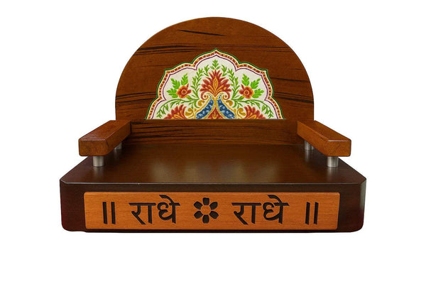 Wooden devotional throne with arched backrest and colorful center artwork on front base