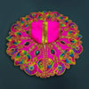 Pink Bal Gopal poshak with gold vertical stripes and multicolor jewel embroidery, round skirt