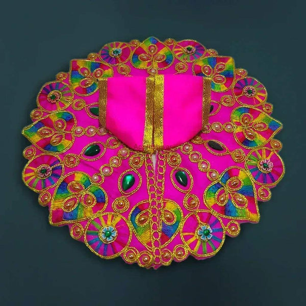 Pink Bal Gopal poshak with gold vertical stripes and multicolor jewel embroidery, round skirt