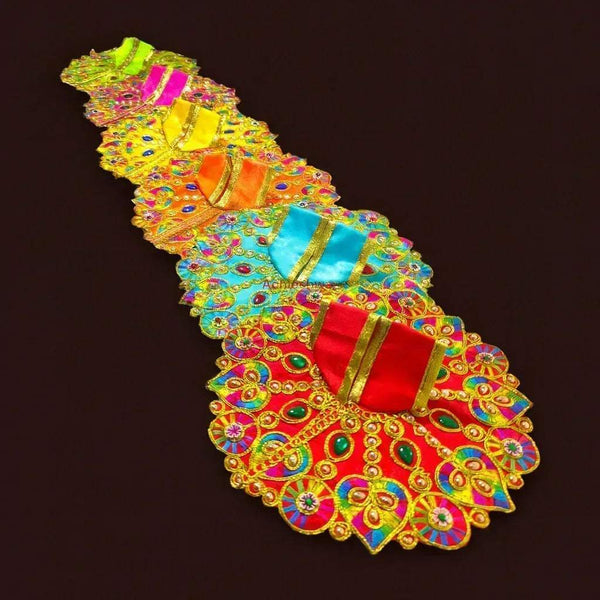Multicolor Bal Gopal poshak dress with red, teal, yellow panels and ornate beadwork stones