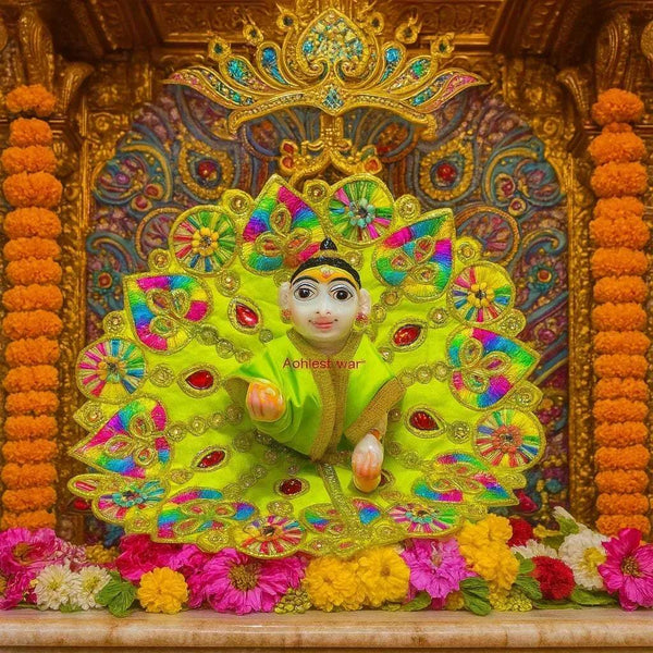 Lime green Bal Gopal poshak with multicolor bead and stonework, gold accents